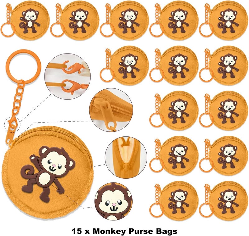 Elecrainbow 15 Pack Monkey Mini Coin Purse with Keyring for Monkey Themed,Mammal Animals,Jungle Animal,Forest,Baby Shower Wild ONE Party Supplies,Khaki - Image 2